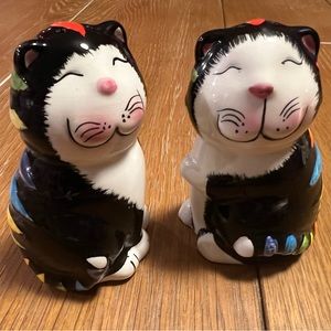 Vintage GKAO Happy Cats Ceramic Salt & Pepper Shakers- Colorful Rainbow Stripes